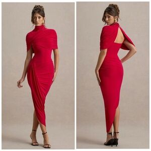 NWT Club L London Enchant Asymmetric Twisted Cape Midi Dress in Red
